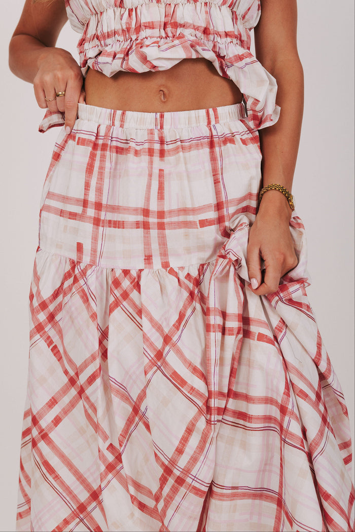 red and white plaid maxi skirt front
