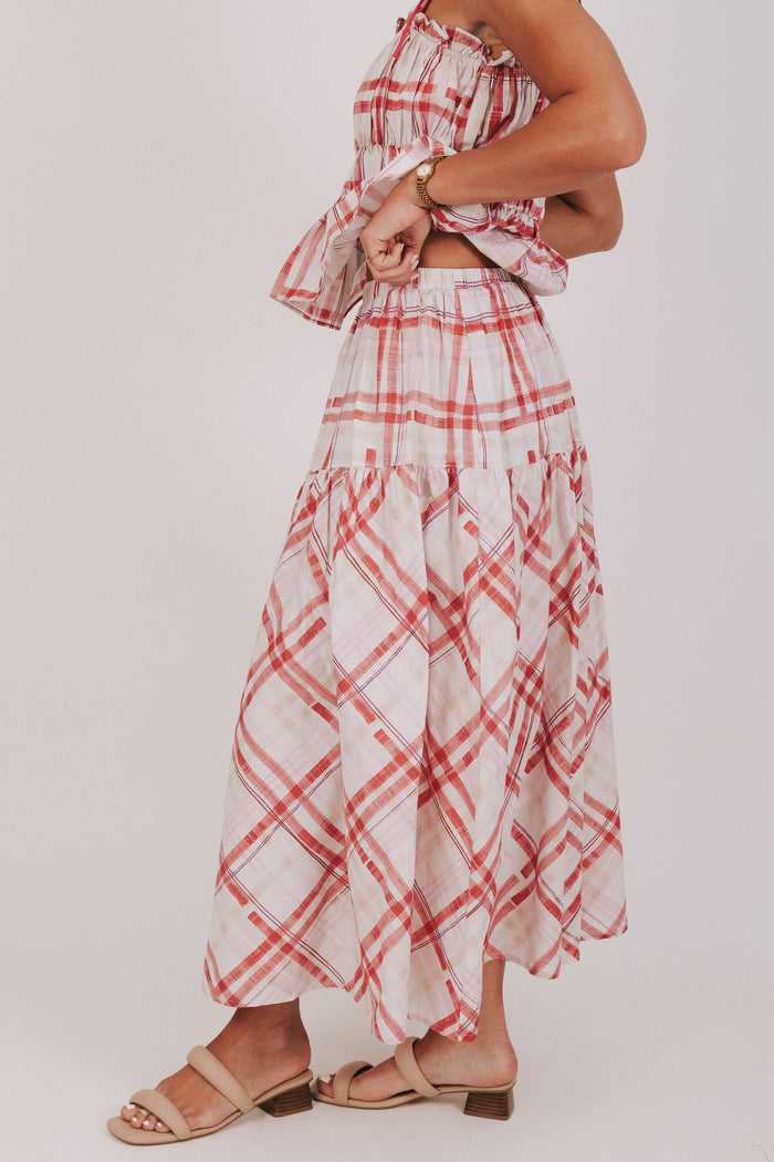 red and white plaid maxi skirt side