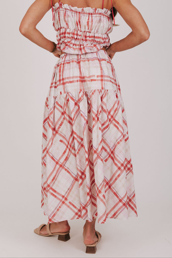 red and white plaid maxi skirt back