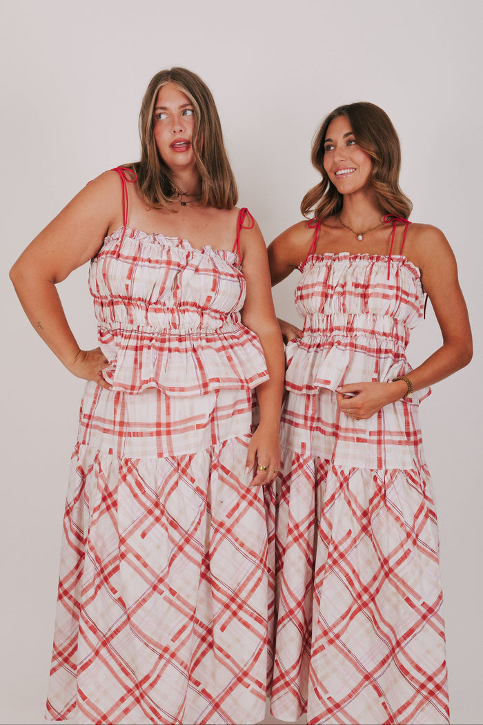 red and white plaid smocked top with ruffled trim models