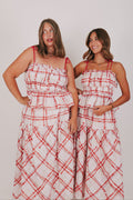 red and white plaid smocked top with ruffled trim models