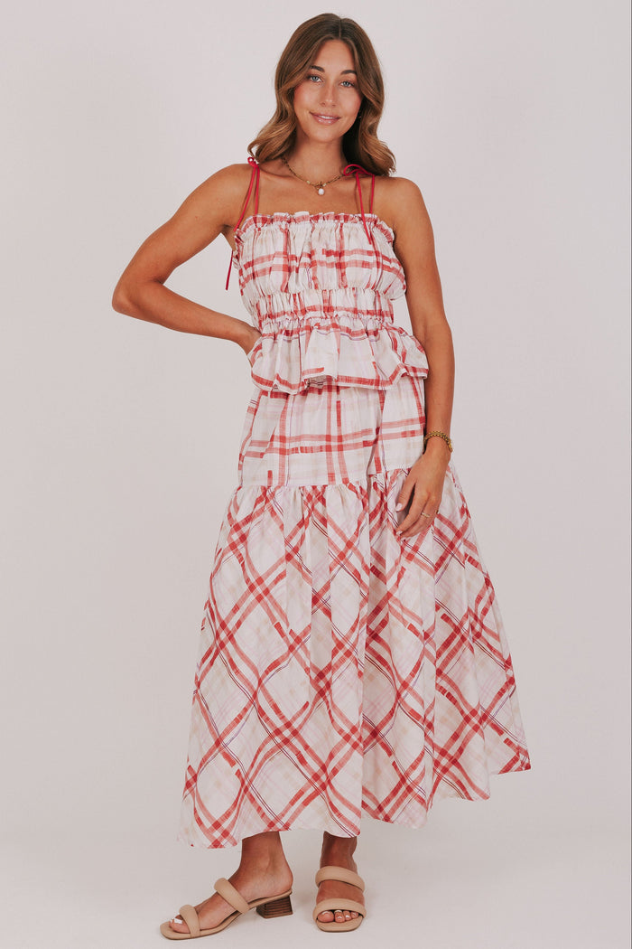 red and white plaid smocked top with ruffled trim full
