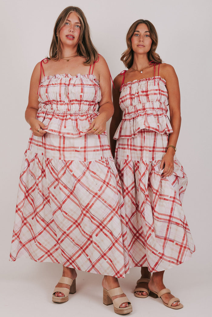 red and white plaid smocked top with ruffled trim models
