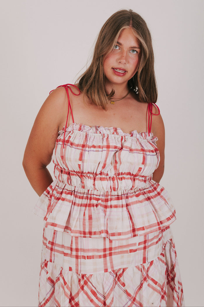 red and white plaid smocked top with ruffled trim plus