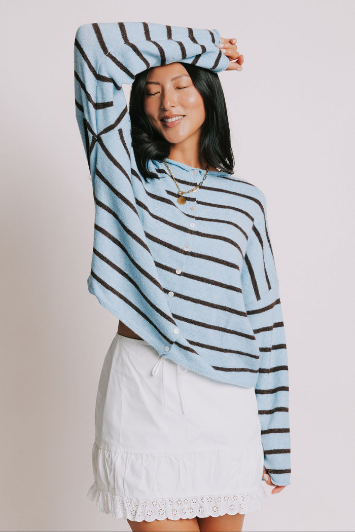 striped oversized cardigan with rolled edges blue