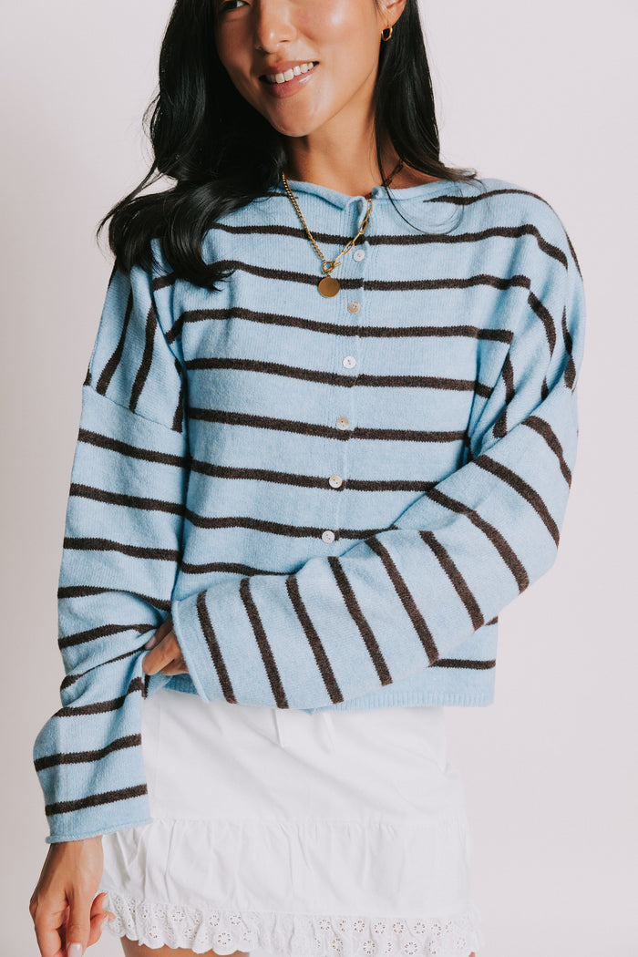 striped oversized cardigan with rolled edges blue front