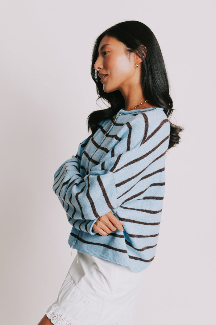 striped oversized cardigan with rolled edges blue side