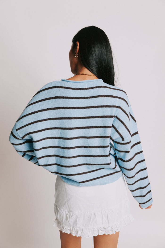 striped oversized cardigan with rolled edges blue back