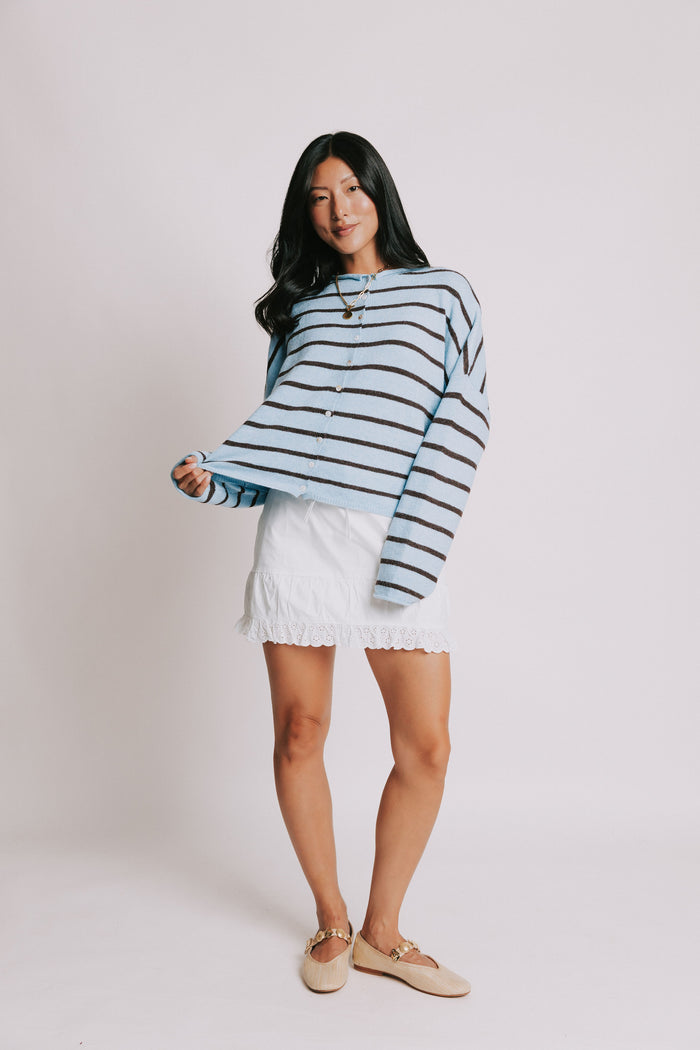 striped oversized cardigan with rolled edges blue full