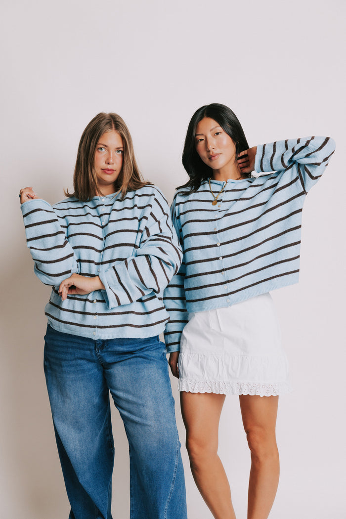 striped oversized cardigan with rolled edges blue models full
