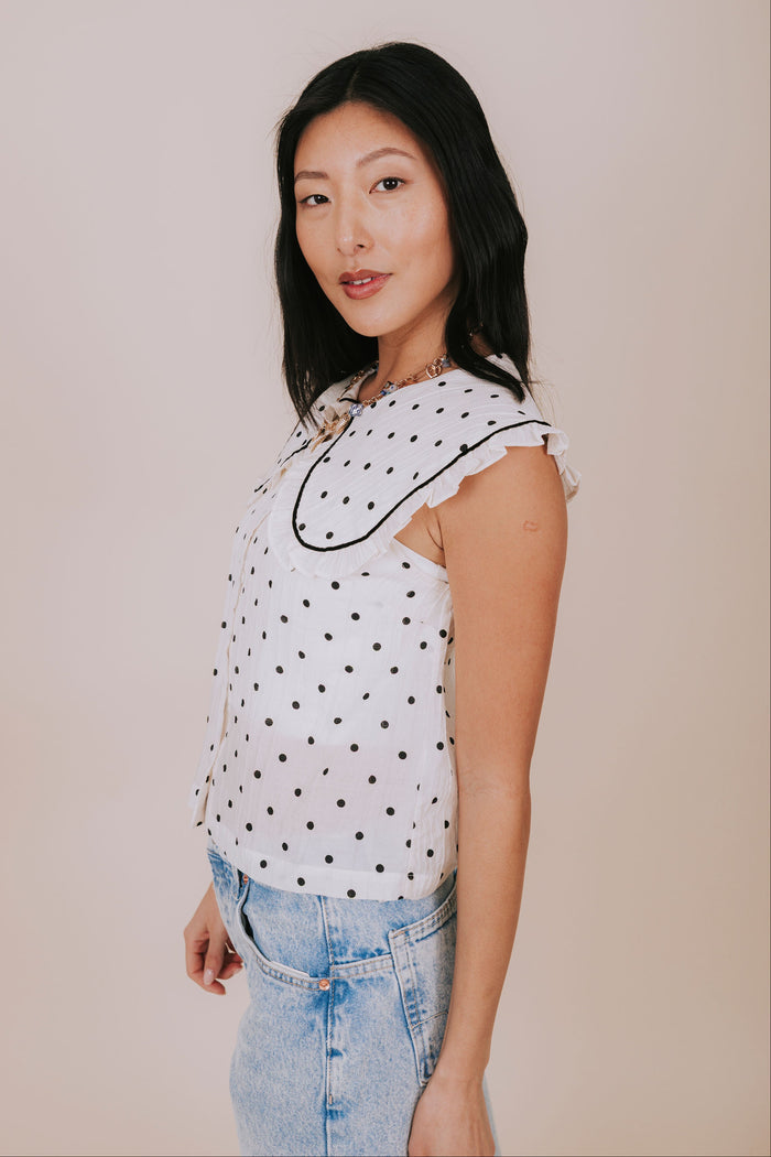 sheer polka dot ruffled collar blouse side