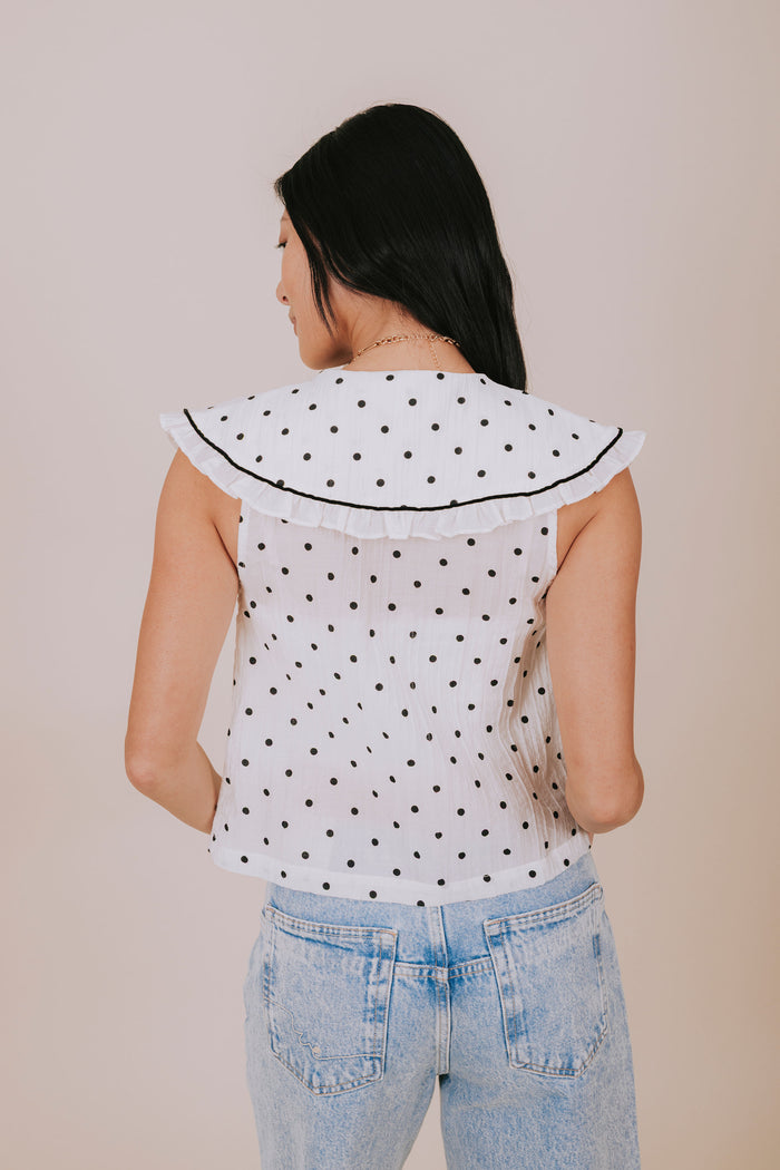 sheer polka dot ruffled collar blouse back