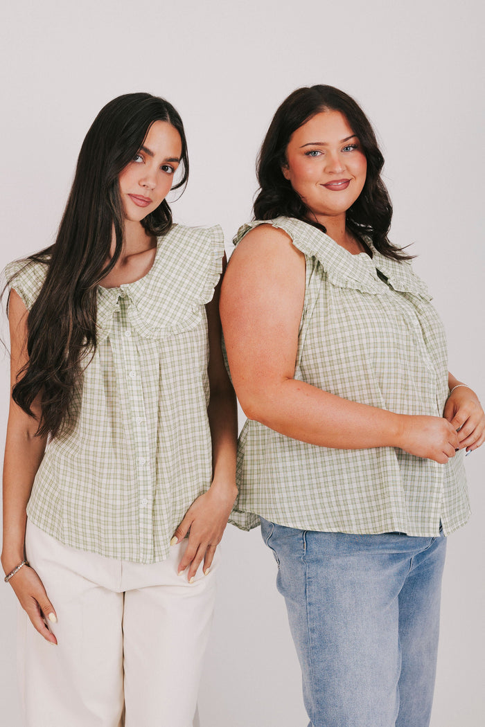 Sage and off white plaid top with oversized pan collar and button front
