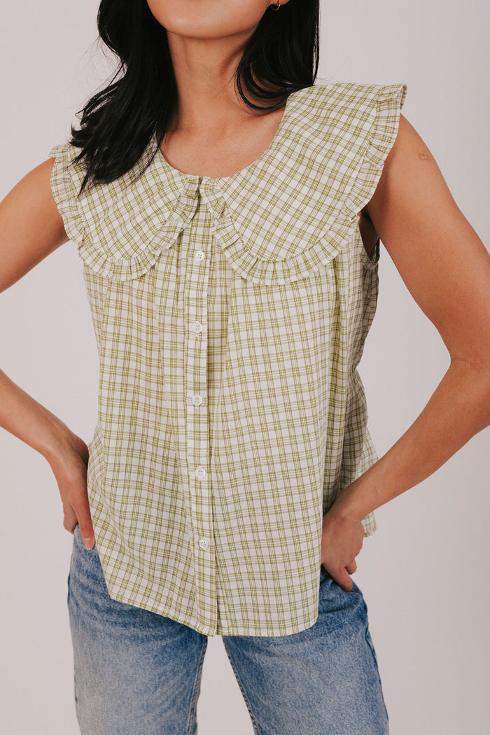 Sage and off white plaid top with oversized pan collar and button front