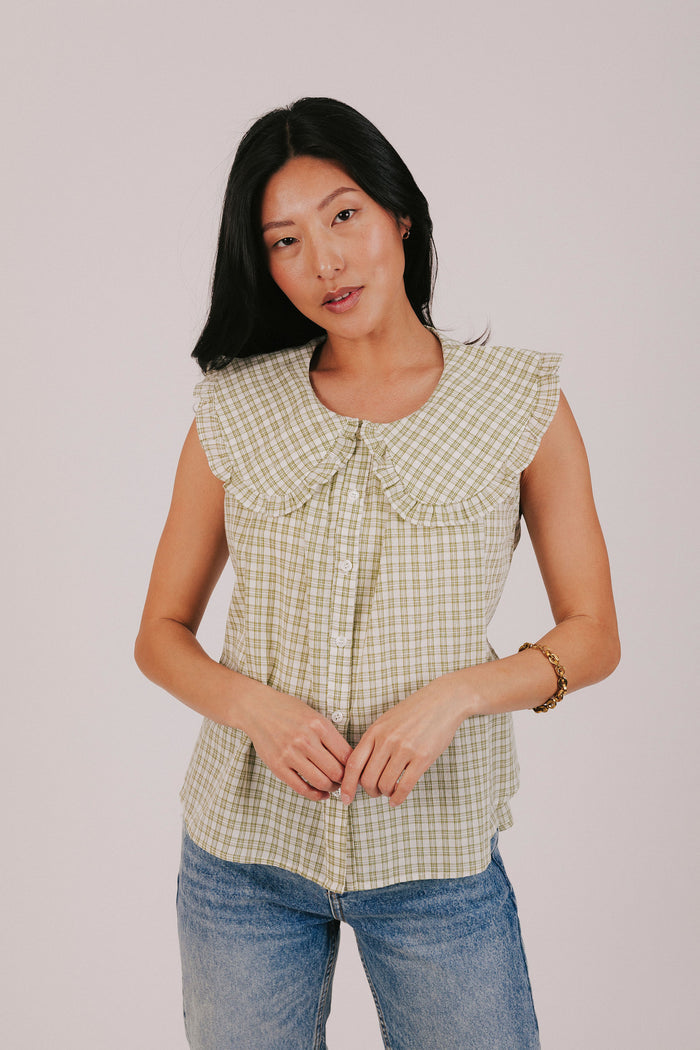 Sage and off white plaid top with oversized pan collar and button front