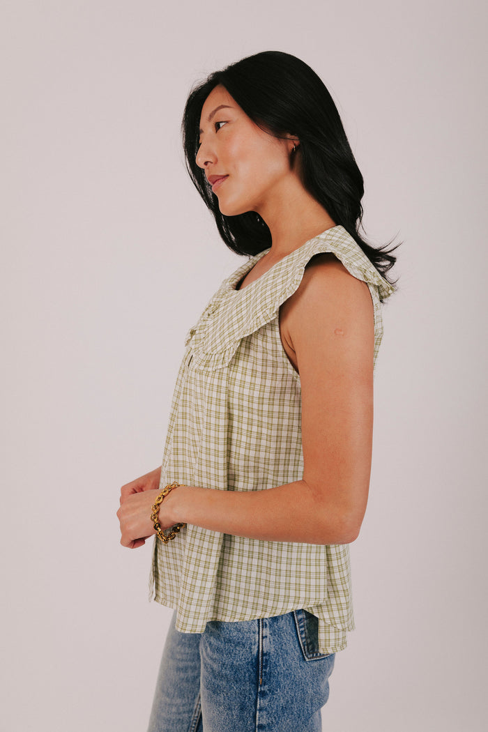 Sage and off white plaid top with oversized pan collar and button front
