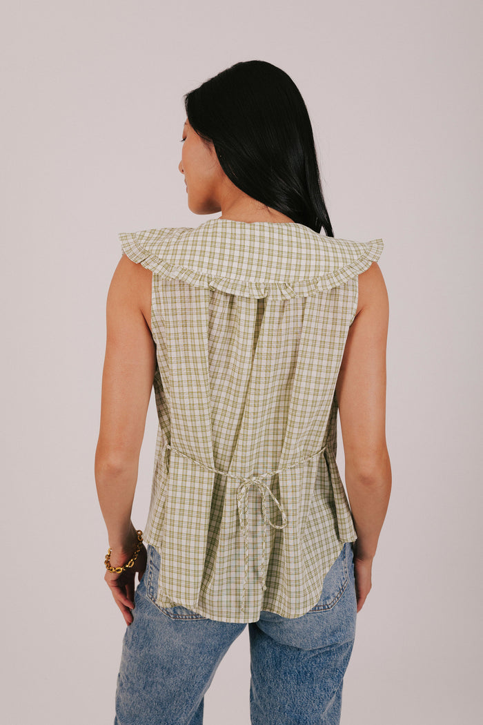 Sage and off white plaid top with oversized pan collar and button front