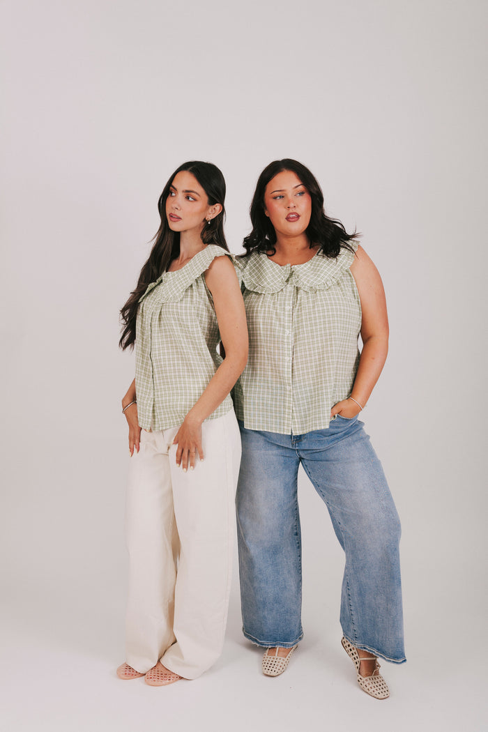 Sage and off white plaid top with oversized pan collar and button front