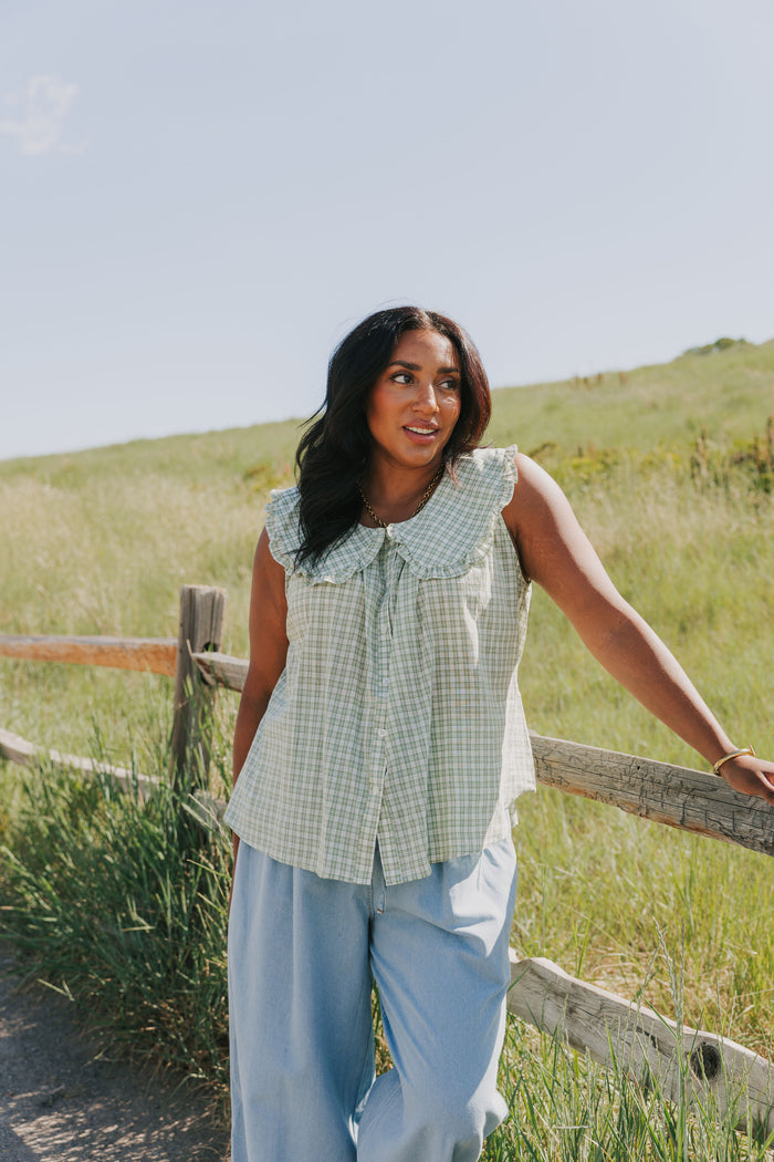 Green plaid sleeveless blouse with oversized pan collar