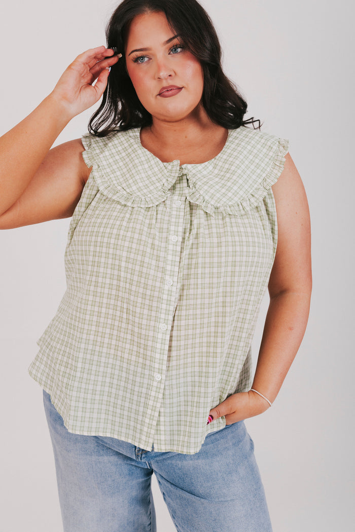 Sage and off white plaid top with oversized pan collar and button front