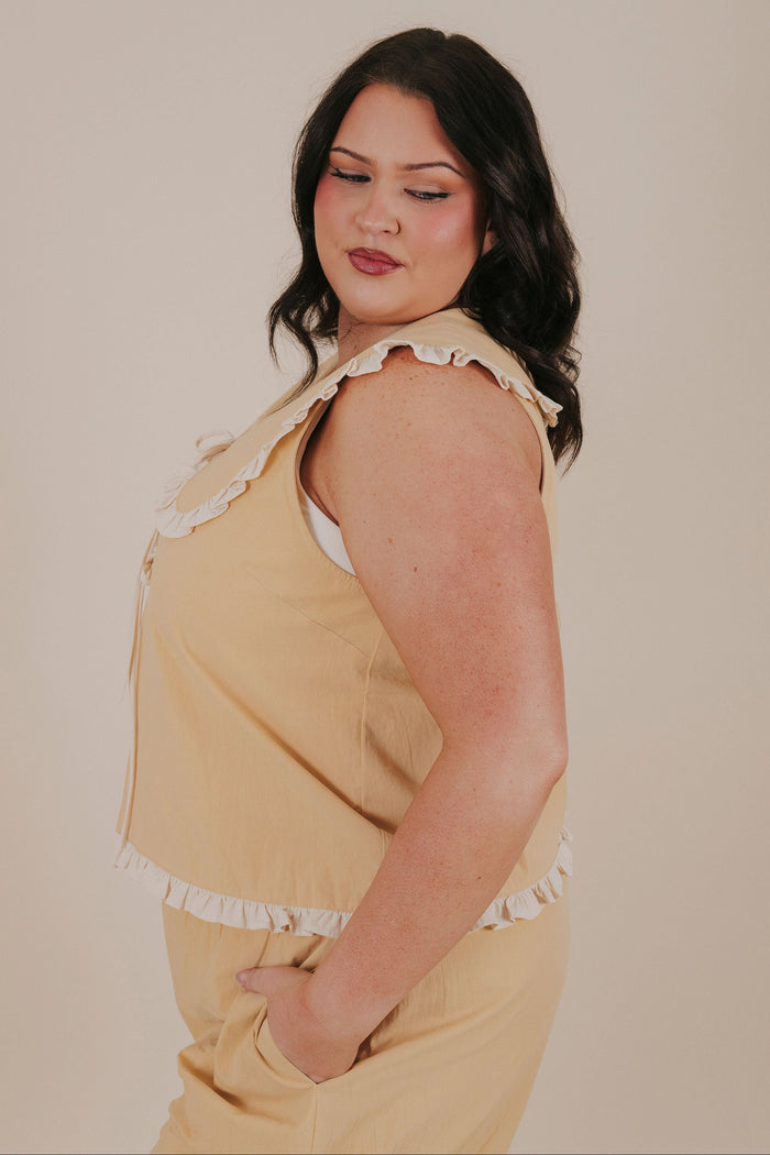 plus size pale yellow ruffle tied ruffle top side