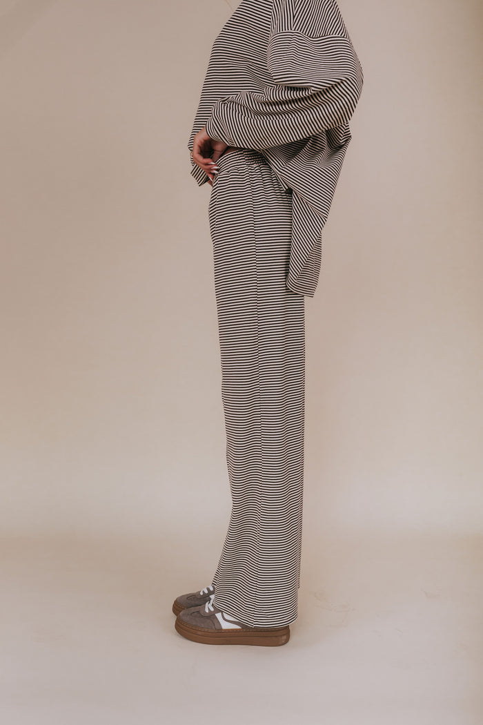 brown and cream striped lounge pants side
