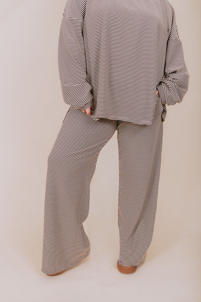 brown and cream striped lounge pants plus front