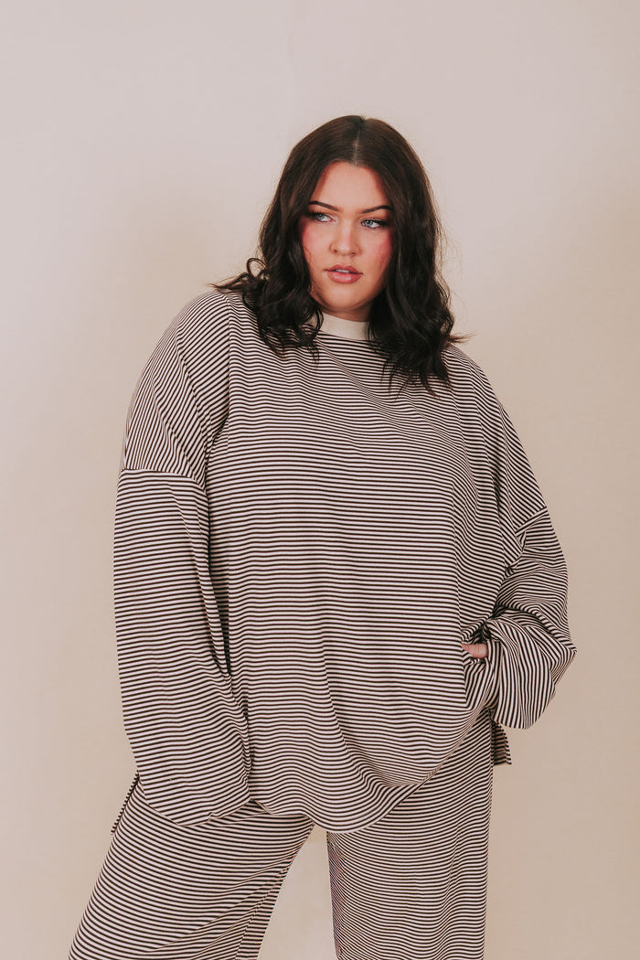 brown and cream oversized long sleeve shirt plus front