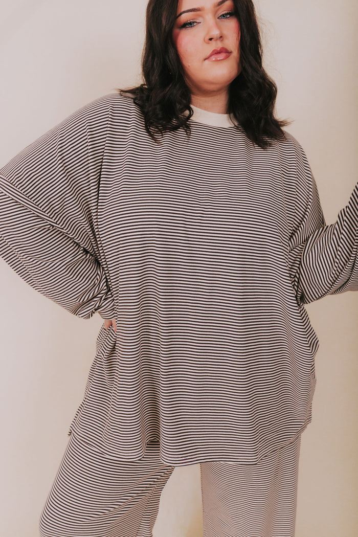 brown and cream oversized long sleeve shirt plus full
