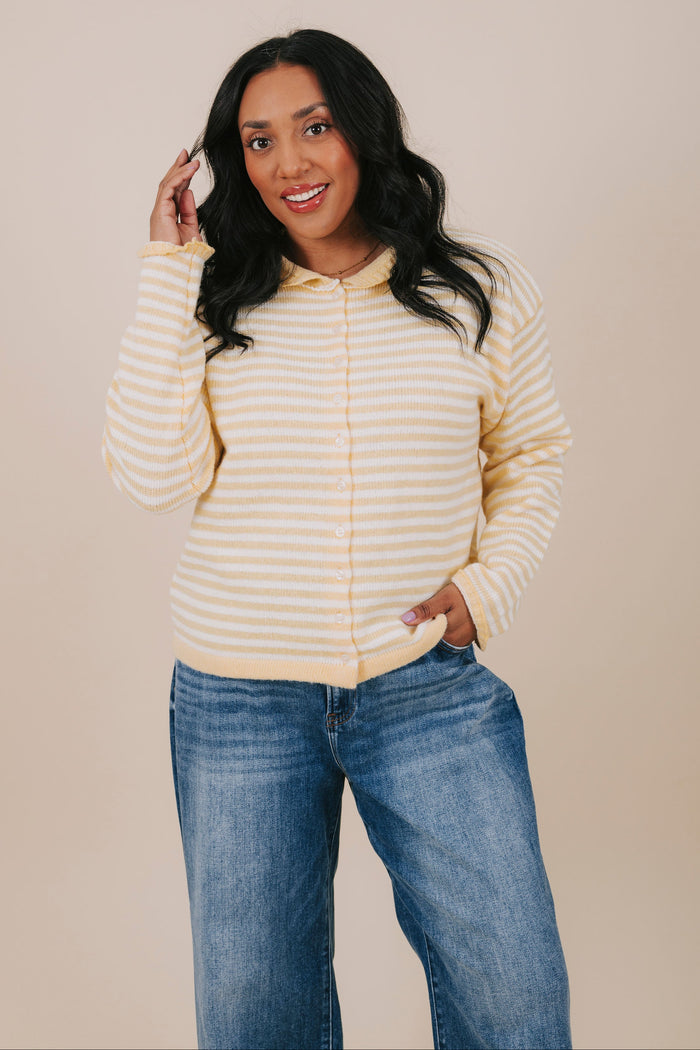 plus size yellow stripe knit cardigan front