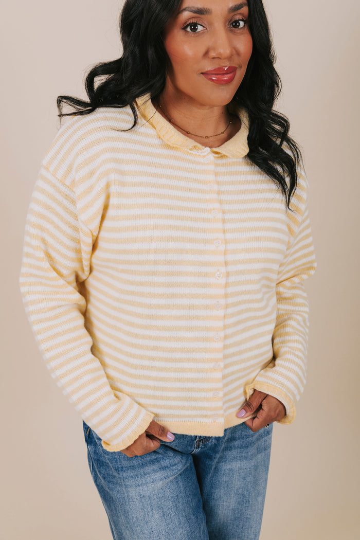 plus size yellow stripe knit cardigan detail