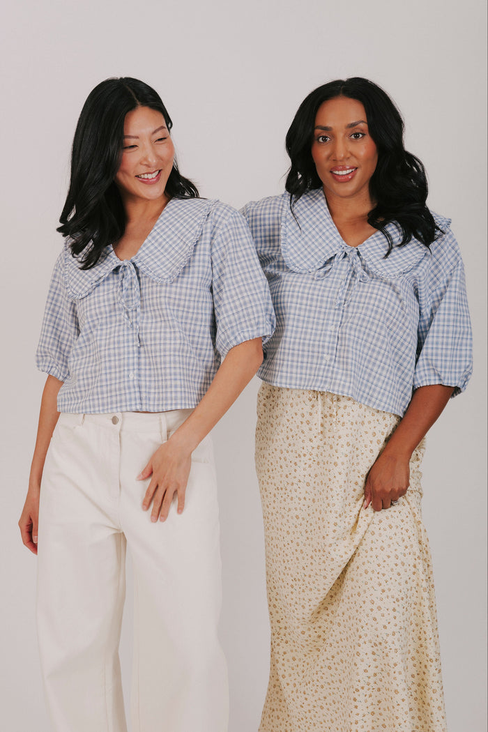 white blue plaid puff sleeve tie inclusive sizing models