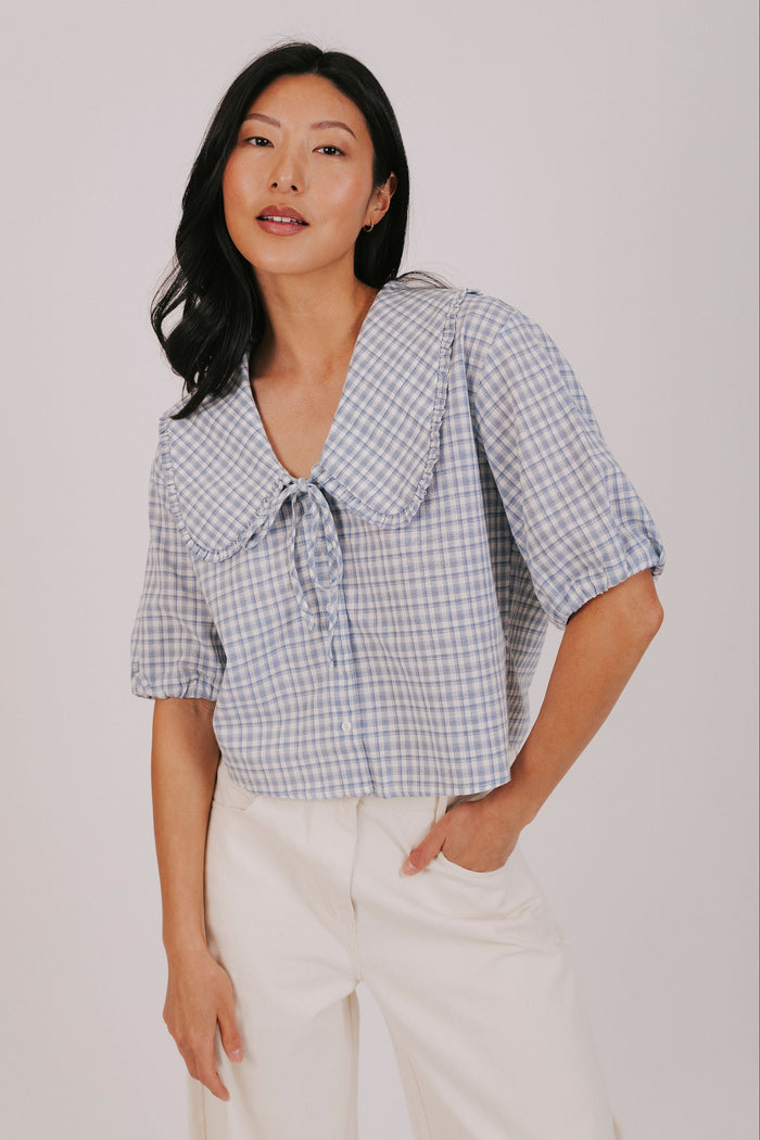 white blue plaid puff sleeve tie inclusive sizing front