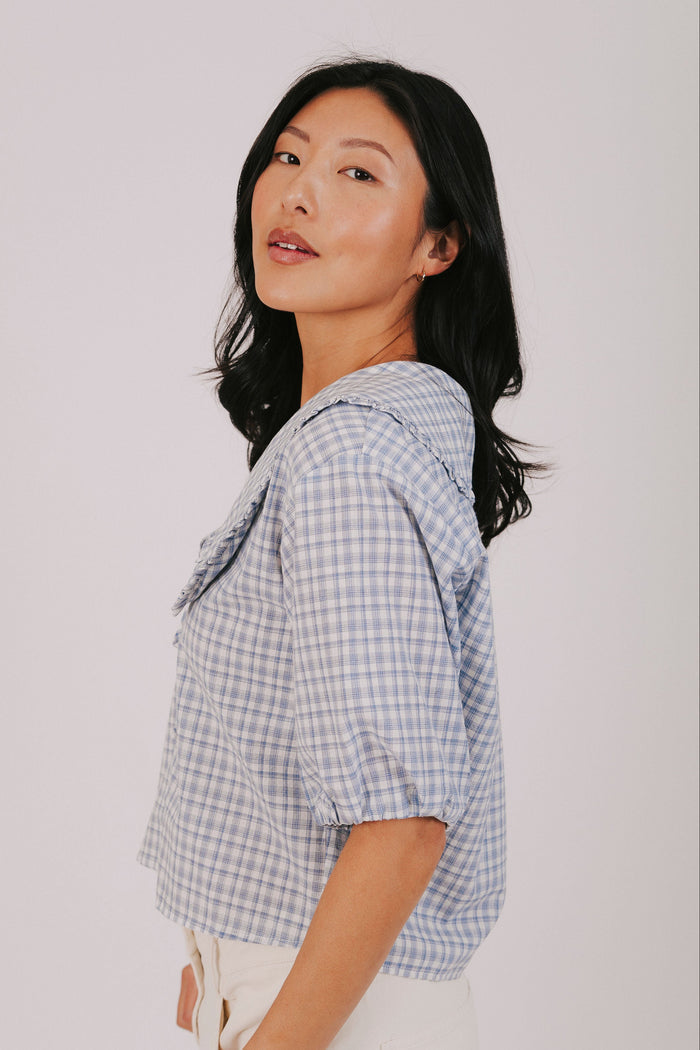 white blue plaid puff sleeve tie inclusive sizing side