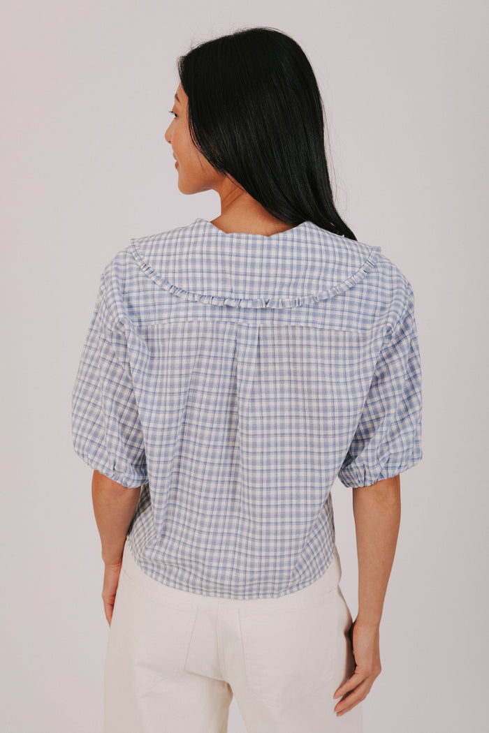 white blue plaid puff sleeve tie inclusive sizing back