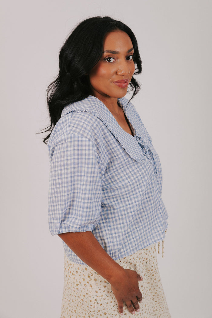 white blue plaid puff sleeve tie inclusive sizing plus side