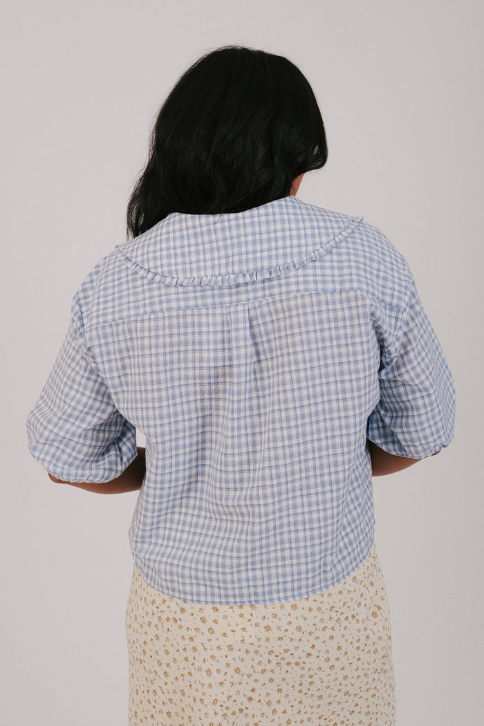 white blue plaid puff sleeve tie inclusive sizing plus back