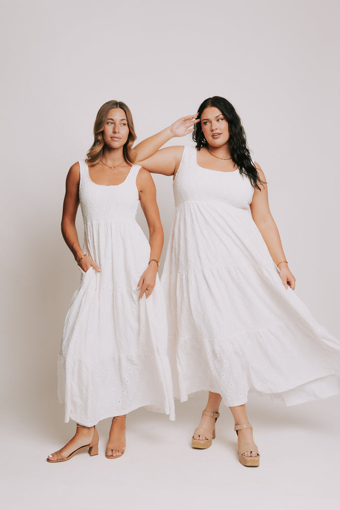 sleeveless white eyelet maxi dress with shirred bodice