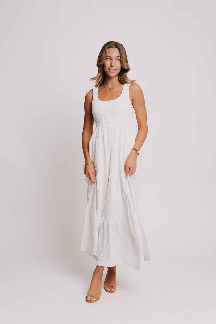 sleeveless white eyelet maxi dress with shirred bodice