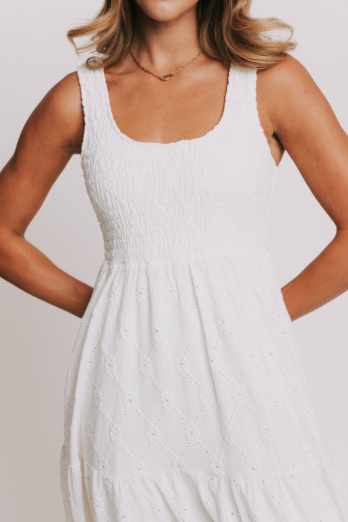 sleeveless white eyelet maxi dress with shirred bodice close