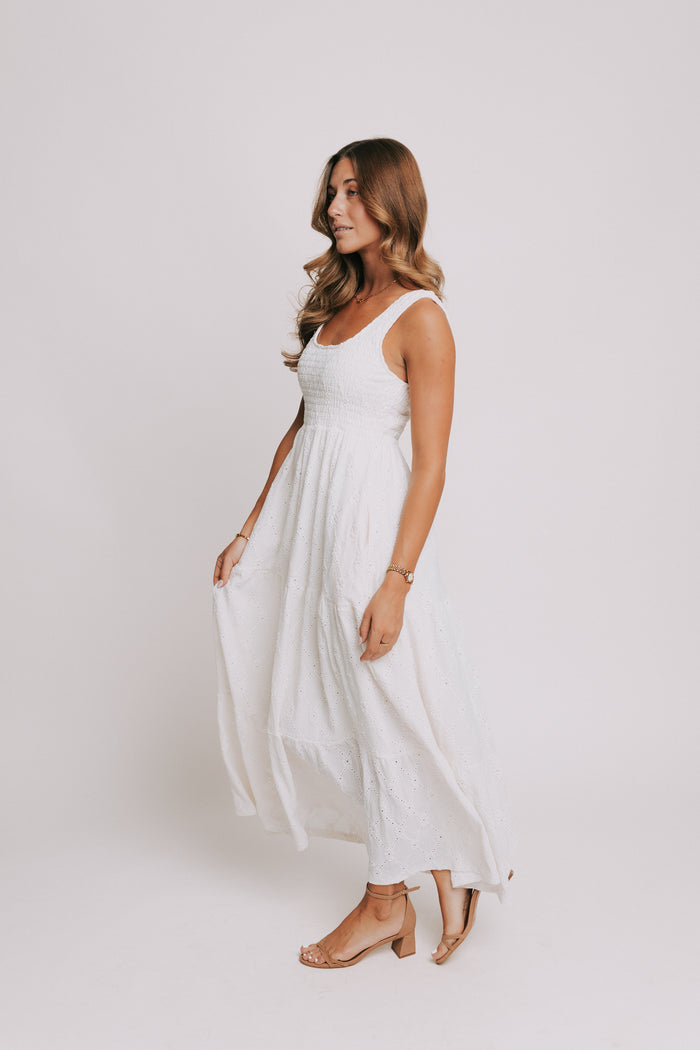 sleeveless white eyelet maxi dress with shirred bodice side
