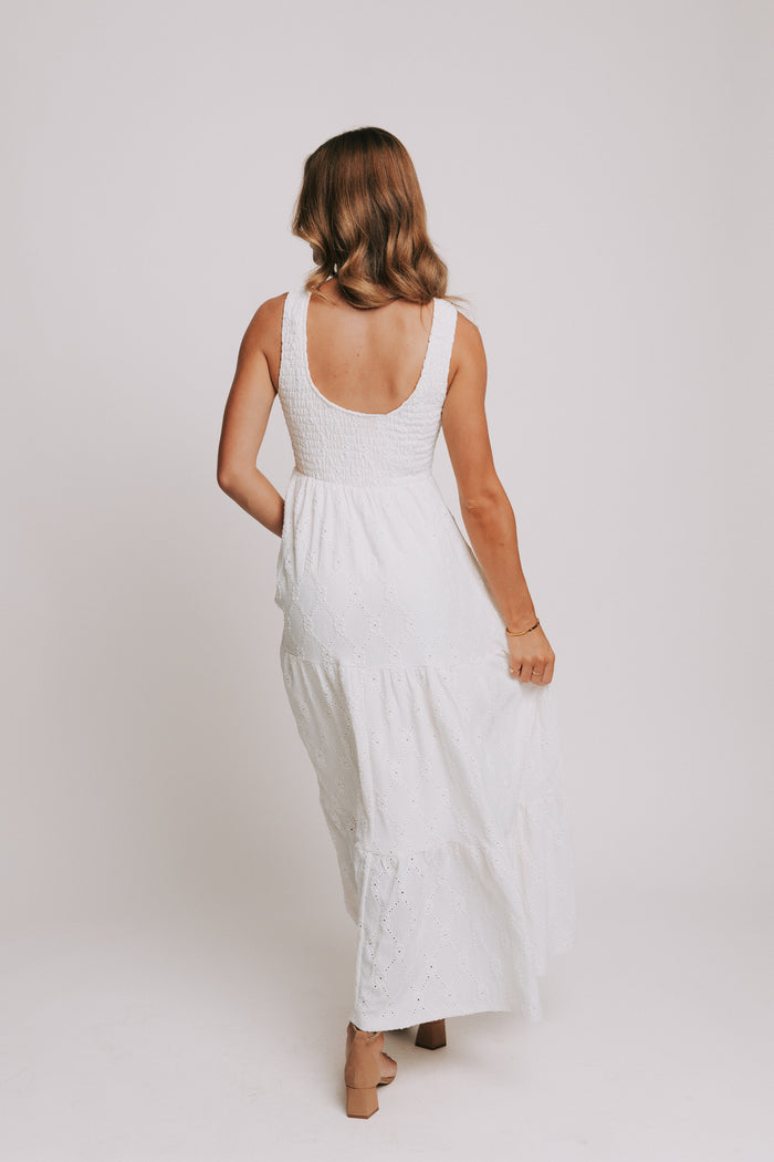 sleeveless white eyelet maxi dress with shirred bodice back