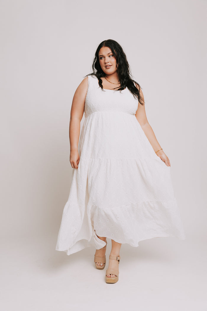 sleeveless white eyelet maxi dress with shirred bodice plus