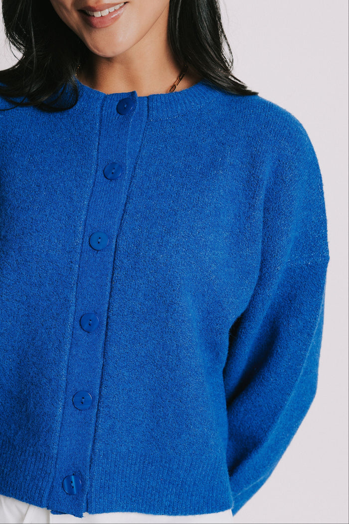 royal blue large button down cardigan close