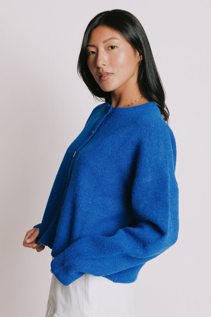 royal blue large button down cardigan side