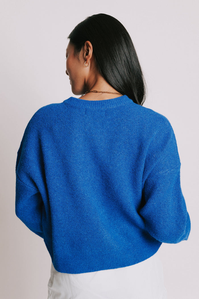 royal blue large button down cardigan back