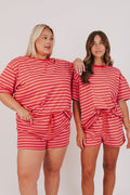 pink and red striped waist tie shorts