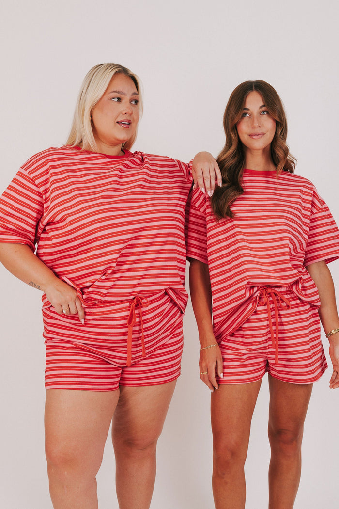 pink and red striped waist tie shorts