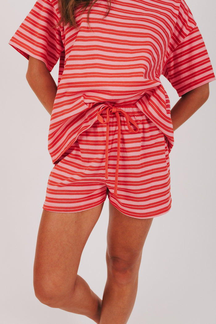 pink and red striped waist tie shorts