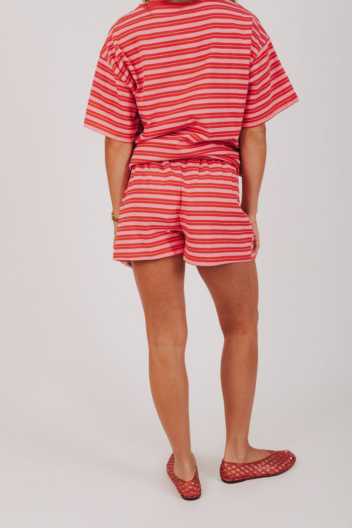 pink and red striped waist tie shorts